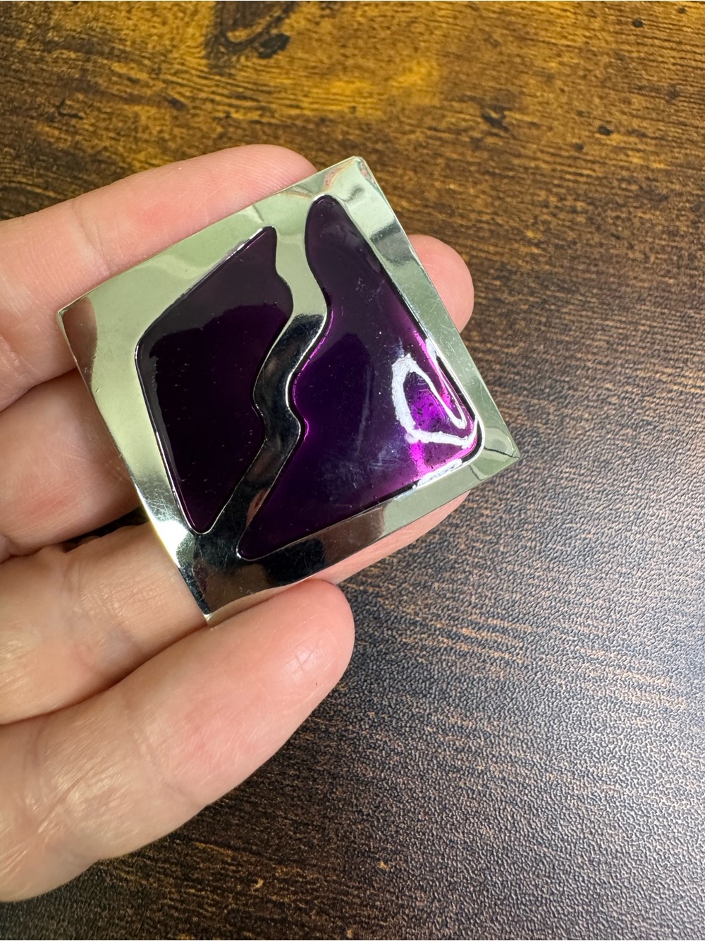Vintage Purple Enamel Silver-Tone Metal Square Modernist Brooch Pin